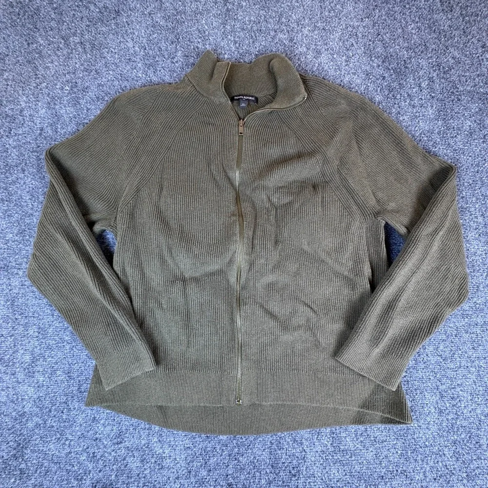 Banana‎ Republic Cardigan Sweater Mens XL Green Ribbed Knit Mock Neck Full Zip